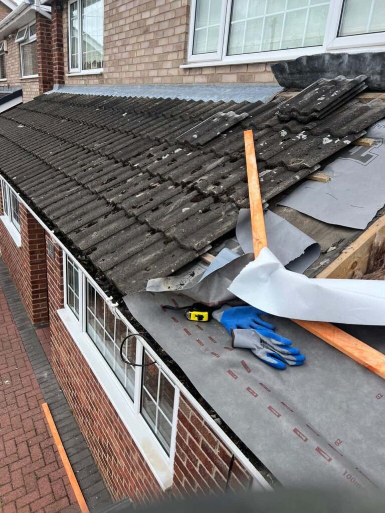 This is a photo of a pitched roof which is being repaired. The existing roof was leaking badly. Works carried out by Lingfield Roofing Repairs